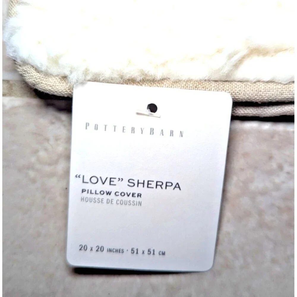 Pottery Barn Love Sherpa Pillow Case Sham Tan White 20-in Sq. Zippered Gift NWT